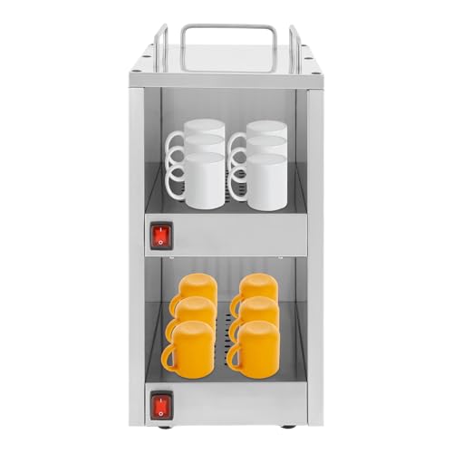 Tassenwärmeschrank Edelstahl Freistehend, Tassenwärmer-Schrank mit 2 Heizfächern & 75°C (167°F), Doppelstöckige Tassenwärmemaschine, für Gastronomie, Café, Haushalt – Freistehend, (25x32x55,5cm)