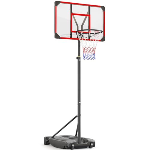 Yohood Basketballkorb Outdoor für Kinder/Jugendliche, Basketballkorb mit Rollen Tragbar, 147–260cm Höhenverstellbarer Basketballständer mit 82x53cm PC Rückwand & Vergrößerter Basis (Rot)