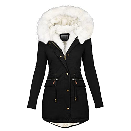 SilkTem Winterjacke Damen Schwarz Mit Fell | Weiß Teddyfell Gefütterte Winterparka Tunika Fleecejacke Elegant Schmale Outdoor-Plüschjacke Lässig Dicker Steppmantel mit Pelzkragen(Schwarz,L)