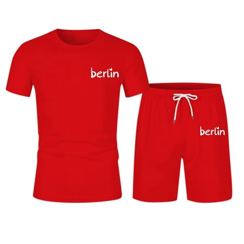 Borat Männer Anzüge Sportswear Atmungsaktiv Kurzarm T-Shirt Sport Shorts Mit Taschen Schurwolle Herren(Rot,M)