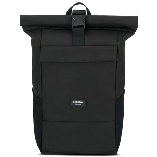 Larkson Rucksack Herren & Damen Schwarz - No 4 - Rolltop Backpack mit Laptopfach für Uni, Arbeit & Fahrrad - Großer Reiserucksack - Wasserabweisend