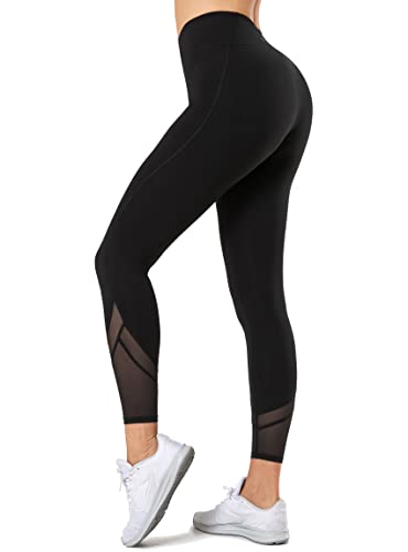 Yvette Sport Leggings Damen high Wasit mit Mesh, 72F Faser Blickdicht Sporthose Yogahose, Schwarz, L