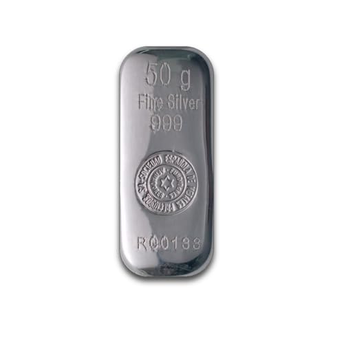 Silberbarren (Feinsilber 999) von 50 Gramm, geprägt in einer spanischen Raffinerie und international zertifiziert.