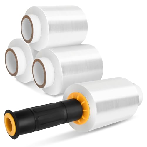 Mini-Schrumpffolie, 150 m x 100 mm x 20 μm, Palettenfolie, transparent, Kunststoff, Stretchfolie, Frischhaltefolie für Industrie, Umzug, Verpackung, Möbelverpackung, Lagerung (1 Griff, 4 Rollen)