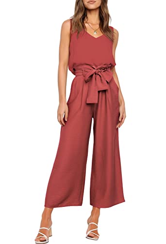 FANCYINN Damen 2 teiliges Crop Pants Set mit weitem Bein Wide Strap V-Ausschnitt Tank High Waist Cropped Paper Bag Hose mit Gürtel Braunrotes Oberteil & Hose S