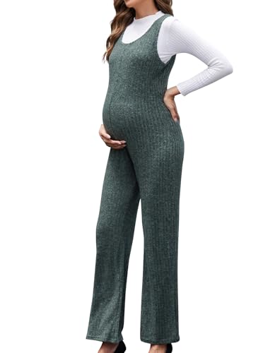 Brynmama Damen Umstands Jumpsuit ärmellose Gerippt Gestrickt Umstandsmode Overall Gemütlich Schwangerschafts Latzhose weites Bein Lange Hose für Herbst Winter Armee Grün, L