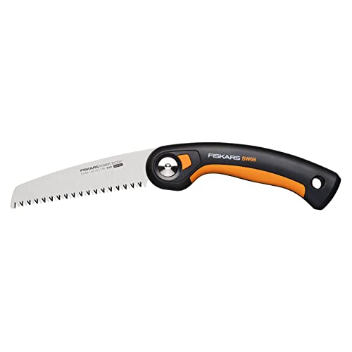 Fiskars Plus Klappsäge, Für dicke Stämme und Äste, 3 Schneidpositionen, Scharfes Power Tooth-Blatt, Grobzahnung, Blattlänge: 15 cm, Schwarz/Orange, SW68, 1067552