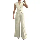 Jogging Damen Anzug Set Damen-Hosenanzug, 2-teiliges Set, Weste mit Knöpfen und Hose mit elastischer Taille, Business-Casual-Outfit für die tägliche Arbeit und Meetings im Jogging Anzughose (Beige, L)