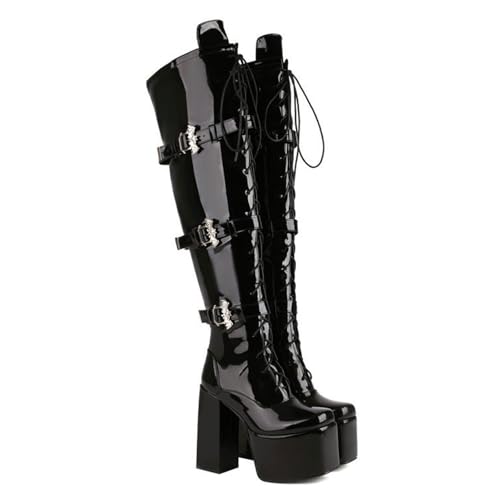 GBBRZKTB High Heels Damen Overknee Stiefel Plateau Klobigem Absatz Reißverschluss Schnalle Schnürung Hohe Stiefel Partyschuhe 12cm,Bright black-36