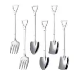 JZK 6 x Edelstahl-Spaten, Schaufel, Löffel und Gabel, Dessert-Besteck-Set, lustiger Kuchenlöffel, witziger Eislöffel, lustiger Löffel für Tee und Kaffee, Scherzgeschenk für Gärtner, Gartenbauer