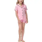 ACWOO Satin Mädchen Schlafanzug mit Knopfleiste,Kurz Nachtwäsche Schlafanzüge Set, Girl Silk Pajamas Set, Zweiteiliger Nachtwäsche Hausanzug(Rosa,10-11 Jahre)