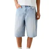 Generisch Herren Jeans Vintage Bermuda Jeanshose Männer Baggy Jeans Shorts mit Tasche Knielang Denim Einfarbig Freizeitshorts Sommer Lockere Kurze