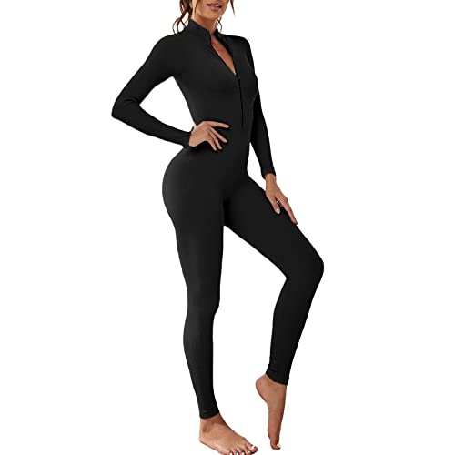 OEAK Damen Sport Jumpsuit Lang Eng Yoga Overall Langarm V-Ausschnitt Playsuits mit Reißverschluss Jogging Strampler Hosenanzug Trainingsanzug,Schwarz,S