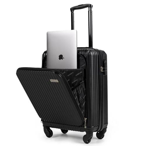 FASSLINE Kabinenkoffer mit Laptopfach 55x39x23 cm, 41,5 l, Reisekoffer Handgepäck mit Laptopfach, Hartschale aus ABS, Vier 360°-Spinner-Rollen, Zahlenschloss, Teleskopgriff, Größe M, Schwarz