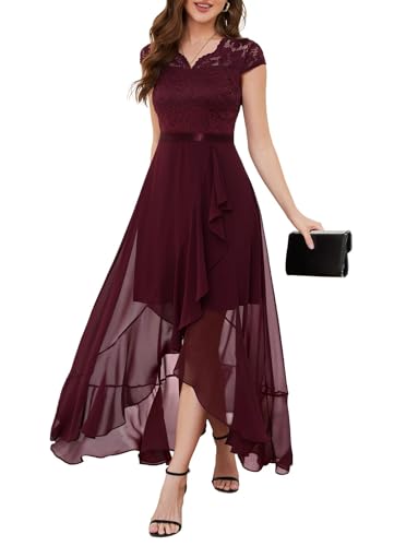 Bbonlinedress Abendkleid lang elegant Cocktailkleid V-Ausschnitt Brautkleid Chiffon Hochzeitkleid Party Winter Ballkleid Burgundy 2XL