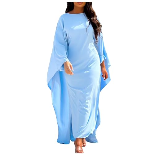 2025 - Mode Satin Party Kleid Robe Abaya Muslimische Frauen Elegante Solide Rundhals Fledermaus Ärmel Lose Maxi Kleid Frauen Kleidung Muslimische (Blue, M)