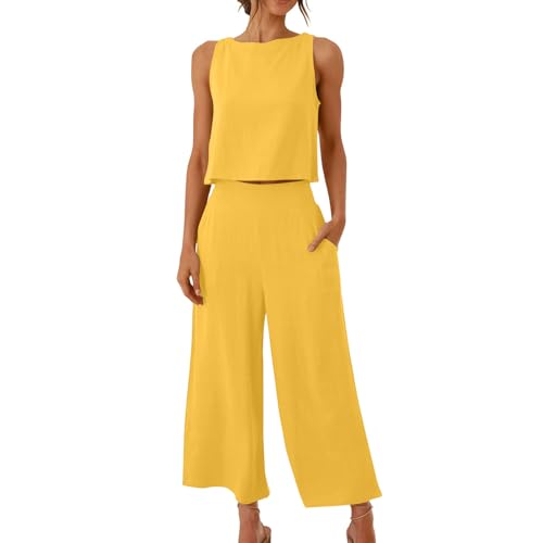 Awrvia Zweiteiler Sommer Damen 2025 Elegant Hosenanzug Ärmello Kurzarm Top und Hosen Outfit Set Modische Einfarbig Freizeitanzug Baumwolle Loungewear mit Taschen Weite Bein Hosenanzüge