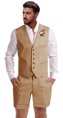 Dsteng Herren-Leinenanzug, 2-teilig, kurze Anzüge für Herren, lässig, Sommer, Strand, Hochzeit, Anzug, Leinenweste, Shorts-Set, Khaki, M