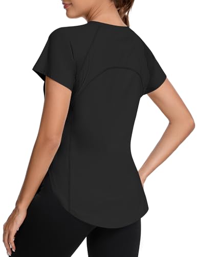 IECCP Sport Oberteil Damen Sportshirt Locker Fitness UV Shirt Kurzarm Laufshirt Back Mesh Funktionsshirt Sport Gym Top für Fitness Sports Laufen Yoga Schwarz M