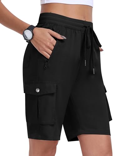 MoFiz Shorts Damen Kurze Hose Sommer Cargoshorts Wanderhose Trekkinghose Kurz Leichte Freizeithose Outdoor Sport Shorts mit 6 Taschen Schwarz Größe EU L