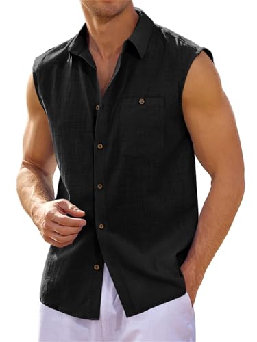 Runcati Leinenhemd Herren Ärmellos Umlegekragen Hemd Männer Strand Sommerhemd Freizeit Tank Top Basic Shirt Weste mit Tasche, Schwarz, XL