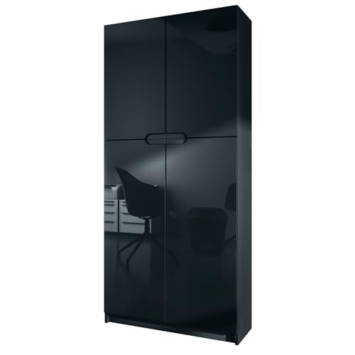 Vladon Büroschrank Logan V1, Made in Germany, Aktenschrank mit 5 Fächern und 4 Türen, Schwarz matt/Schwarz Hochglanz (82 x 185 x 37 cm)