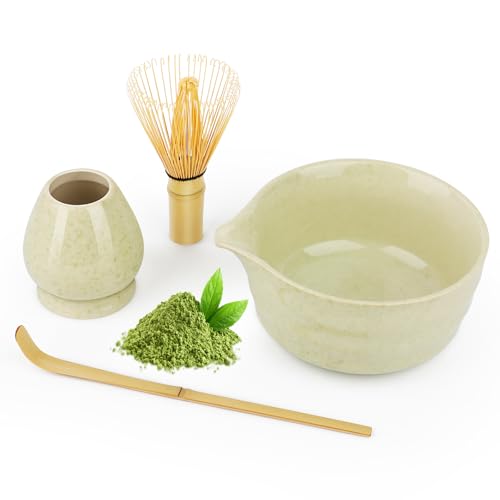 Matcha Set 4-teilig: Matcha-Schale mit Ausgießer, Bambusbesen (Chasen), Messlöffel & Chasen-Halter,Matcha Tee Set für die traditionelle Teezeremonie,Matcha Kit ohne Pulver,Matcha Besen Set