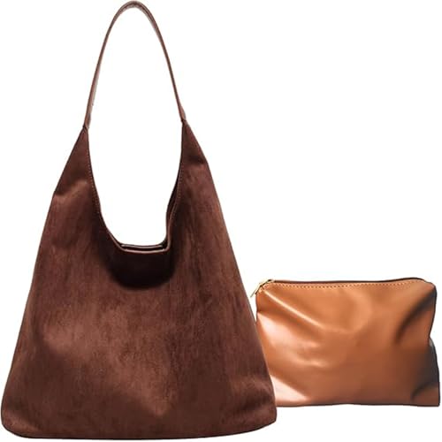 Macayda Hobo Bag Wildleder Tote Bag Vintage Handtasche Damen Groß Shopper Tasche Slouchy Bag Damen Tragetasche Tote Henkeltasche Mädchen (Kaffee)