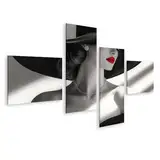islandburner Bild auf Leinwand Elegante Frau mit Hut und roten Lippen in Schwarzweiß für Schlafzimmer Modeinteressierte Modeboutique Bilder Wandbilder Poster