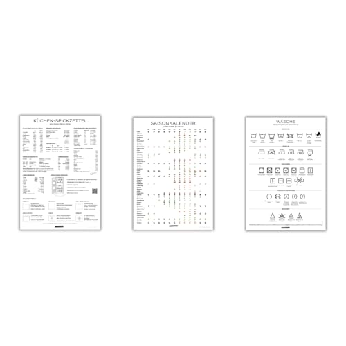 Listenwissen 3er-Set Poster für die Küche: Saisonkalender für Obst & Gemüse, Küchen-Spickzettel & Waschsymbole –Küchenhilfe & Haushalts-Organizer, Deko, Küchen-Poster - A3 ohne Rahmen
