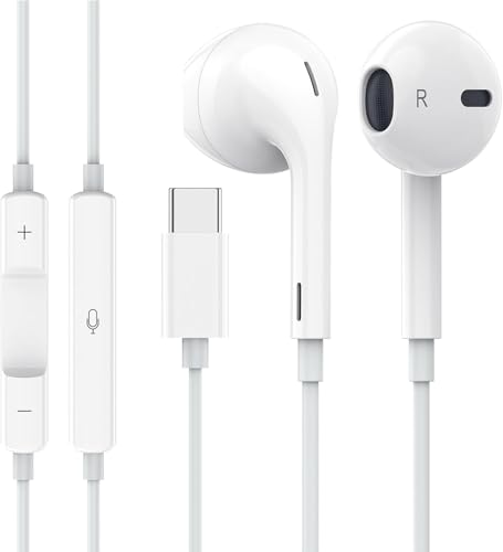 USB C Kopfhörer, Kabelgebundene In Ear Kopfhörer vom Typ C mit integriertem Mikrofon und Lautstärkeregler, HiFi Stereo Ohrhörer Kompatibel für iPhone 15/Samsung Galaxy S23/iPad Pro/Google Pixel