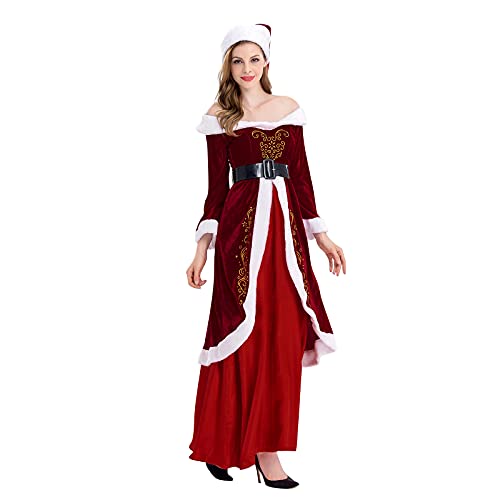 Rosennie Damen Weihnachten Kostüm Cosplay Prinzessin Kleid Miss Santa Weihnachtsfrau Deluxe Kostüm für Damen Xmas Outfit Lang Samt Maxikleid mit Kapuze und Gürgel