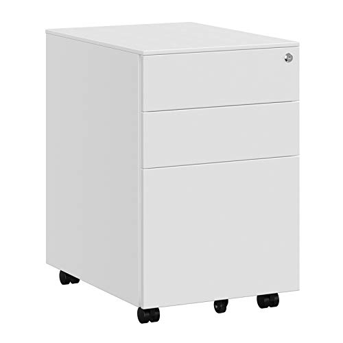 SONGMICS Rollcontainer, unter Schreibtisch, mit 3 Schublade, vormontiert, abschließbarer Büroschrank mit Hängeregistratur, für Akten, Dokumente, Schreibwaren, 52 x 39 x 60 cm, weiß OFC60WT