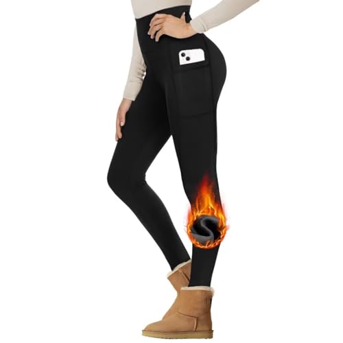 Gayhay Thermo Leggings Damen mit Taschen Gefütterte im Winter, High Waist Thermohose Warm Blickdicht für Sport Schwarze 2XL