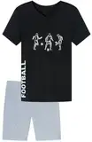 Jungen Schlafanzug kurz, weicher Single-Jersey aus 100% Baumwolle und Hose in Bermuda Form - mit Fussball Motiv Three Players, in schwarz Grösse 152
