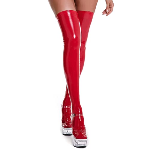 Odizli Latex Strümpfe Lang Damen Lack und Leder Sexy Wetlook Halterlose Overknees Strümpfe Rot Socken 3XL