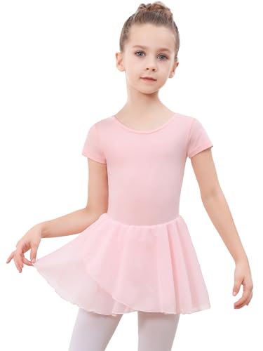 DGSHIRLDJO Kinder Ballettkleidung Mädchen Kurzarm Baumwolle Ballettkleid Balletttrikot Tanzkleid Tanzbody mit Chiffon Rock Tütü (DE/NL/SE/PL, Numerisch, 130, Regular, rosa)