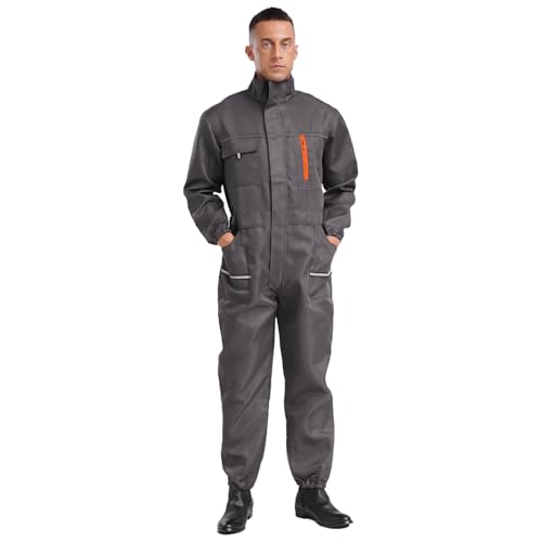 inlzdz Herren Arbeitsoverall Baumwolle Ganzkörperanzug mit Reißverschluss Einteiler Jumpsuit Overall Arbeitskleidung für Werkstatt Fabrik Grau 190/4XL