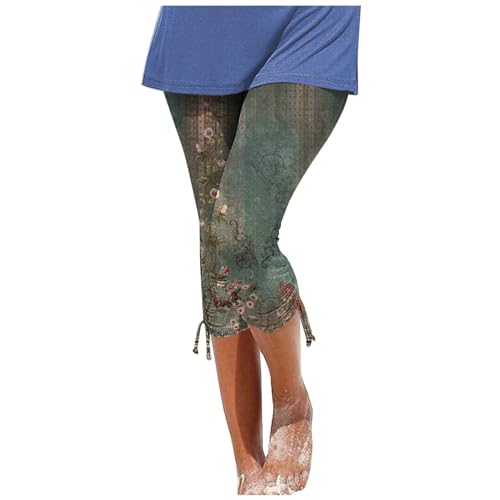 DondPO Capri Leggings Damen Buaumwolle 3/4 Lang Sommer mit Spitze Sommer Blau Jeas Sommer Weiss Taschen Große Größen Weiß Blickdicht 3/4 High Waist Blickdicht Yogahose Laufhose für Gym Yoga Sport