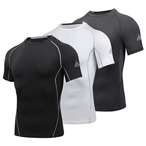 AMZSPORT Herren Kompressionsshirt Kurzarm Funktionsshirts Cool Dry Training Running Top, Schwarzweißgrau-L