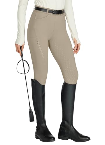 WILLIT Damen Reithose Reitleggings Vollbesatz Silikon Reithose High Waist Stretch Reithose mit Reißverschlusstasche Gürtelschlaufen Khaki M