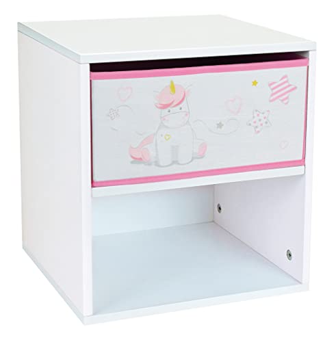 Fun House Licorne Chevet/Table nuit Avec tiroir H.36 33 X P. 30 cm pour enfant 713045 Einhorn Nachttisch mit Schublade, H 36 x L 33 x 30 cm für Kinder, Holz, weiß/rosa, à partir de 2 ans