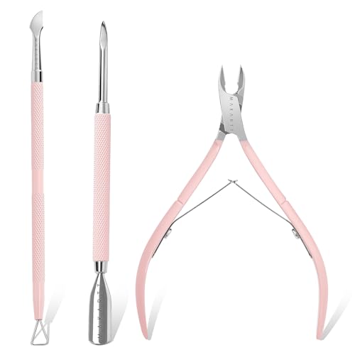 Makartt Nagelhaut Trimmer mit Nagelhautschieber, 3 PCS Rosa Zangen Nagelhaut Professionelle Pediküre- und Maniküre-Werkzeuge mit Edelstahl-Nagelhautzange, Doppelend-Hauthautschieber und Nagelschaber