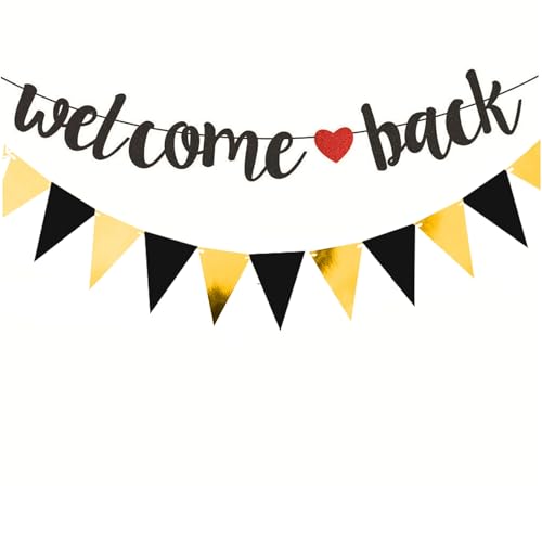 Welcome Back Deko, Golden Welcome Back Girlande Deko Vorgespanntes Welcome Home Banner Willkommen Zurück Banner für Klassenzimmer Schule Saison Familie Partei Dekoration (Schwarz)