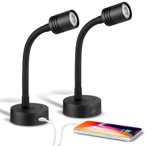 Obeaming 12V Leselampe Wohnmobil Boot Dimmbare Nachttischlampe Schwanenhals LED Wandlampe für Van LKW Wohnwagen, Eingebautes Typ-C-Ladegerät & Drücken Dimmschalter 3200K, 2 PCS