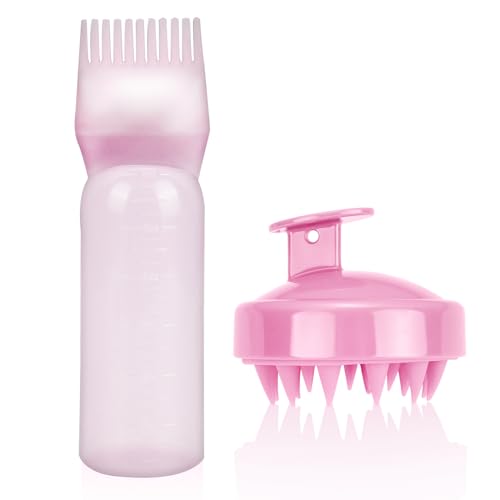 Haarfärbebürste Flasche, Wurzelkamm Applikator Haarfärbemittel Kamm und Kopfmassage Bürste, Hair Oil Applicator Bottle, Haarfärbemittel Flasche Applikator Bürste, Haarfärbemittel Pinsel Flasche(Rosa)