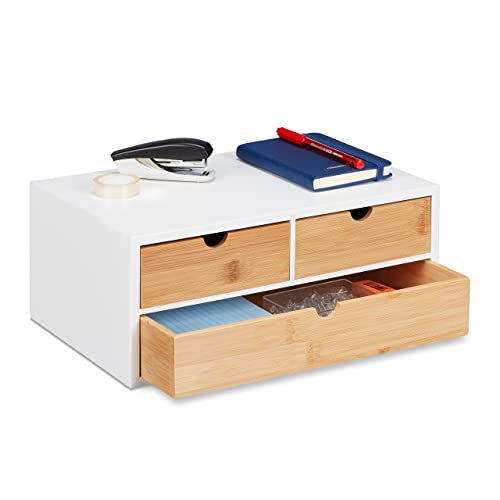 Relaxdays Schreibtisch Organizer, 3 Schubladen, für Büroutensilien, HxBxT: 14 x 33 x 21 cm, Bambus & MDF, weiß/natur