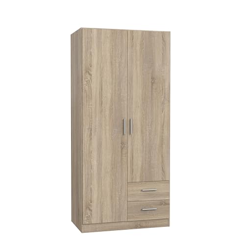 FORTE JOAKIM Schrank 90 200, Kleiderschrank klein, modernes Design Drehtürenschrank mit 2 Schubladen, Einlegeböden und Kleiderstange, Sonoma Eiche, 91 cm breit x 197 cm hoch x 54 cm tief