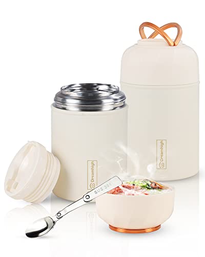 Dreamhigh® Thermobehälter für Essen 550 ml, Edelstahl Thermobecher Essen mit faltbaren Löffel, Warmhaltebehälter Auslaufsicher, 10 Stunden Heiß, 12 Stunden Kalt, Speißen, Suppe, Brei, Joghurt (Weiß)