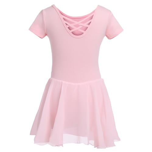 DGSHIRLDJO Kinder Ballettkleidung Mädchen Kurzarm Baumwolle Ballettkleid Balletttrikot Tanzkleid Tanzbody mit Chiffon Rock Tütü (DE/NL/SE/PL, Numerisch, 120, Regular, rosa)